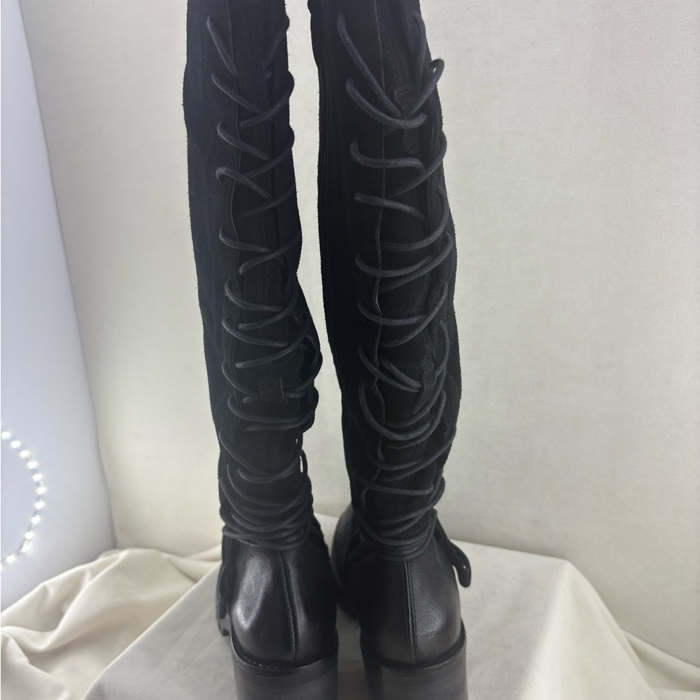 Miz Mooz Black Lace-Up Knee-High Heeled Boots - Picture 6 of 11